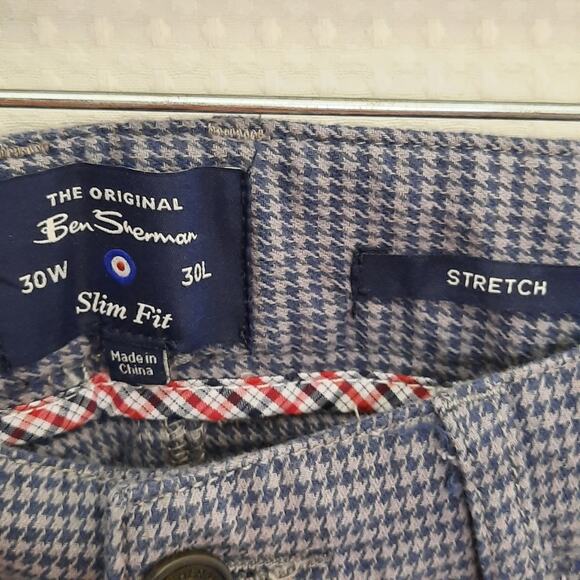Ben Sherman Slim Fit Pants 30x30 Blue Houndstooth Stretch Mod Cotton Trousers - Picture 4 of 8